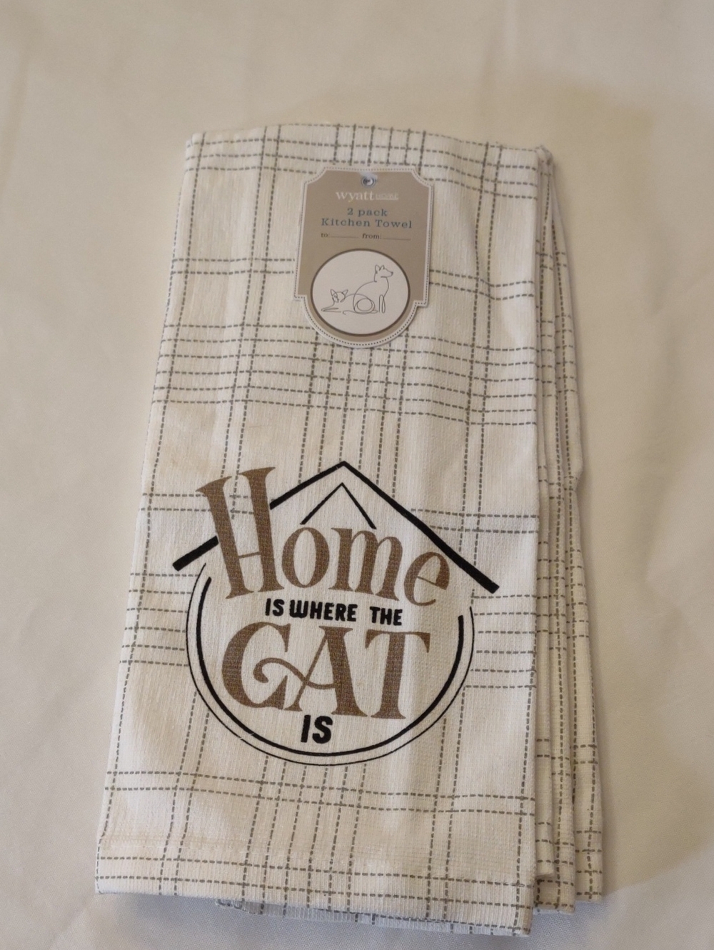 NWT 'Home Is Where The Cat Is" Plaid Cotton Kitchen Towel Set - Cream